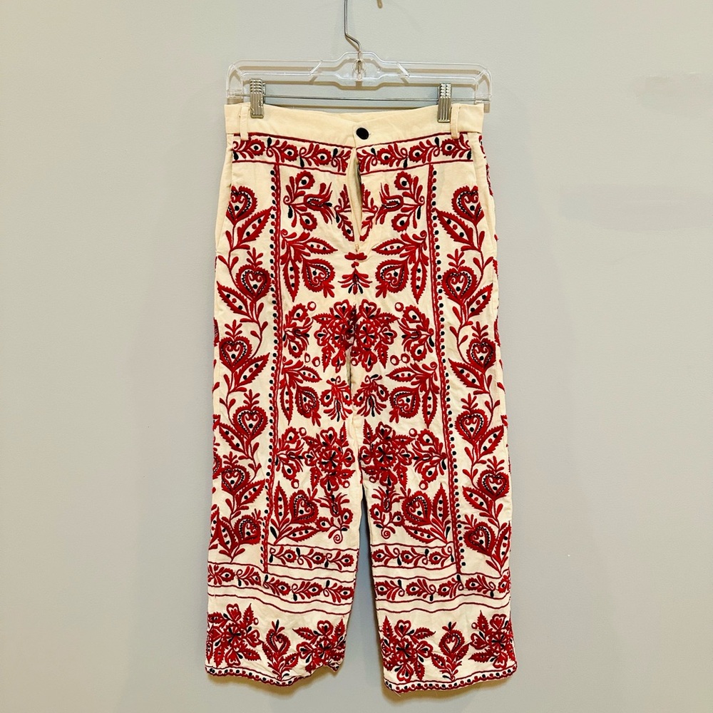 Zara embroidered cotton cropped pants